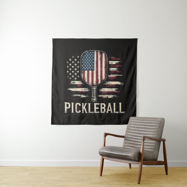 Pickleball Player US Flag Retro Paddleball Tapestry (In Situ)