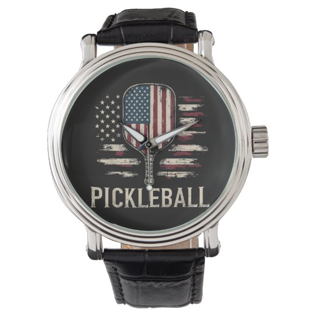 Pickleball Player US Flag Retro Paddleball Watch (Front)