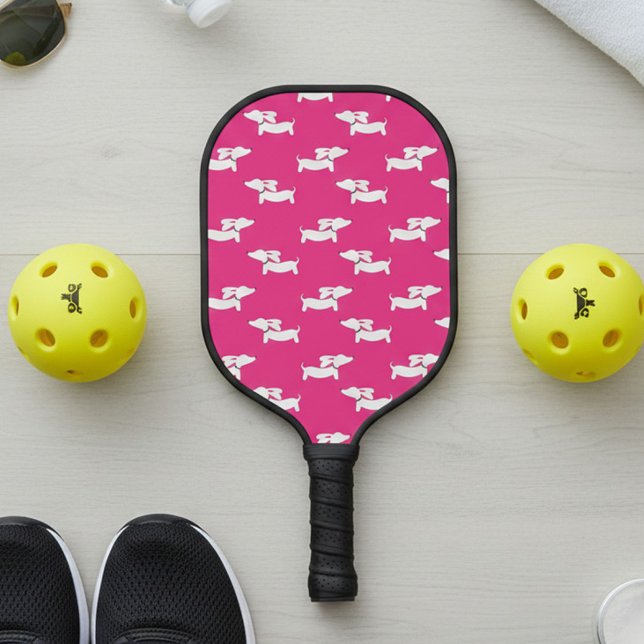 Pickleball Playing Dachshund Mum Pink Paddle (Pink dachshund pickleball paddle)