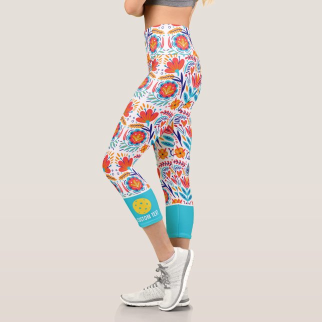 Pickleball Print Fun Colourful Flowers Custom Text Capri Leggings (Left)