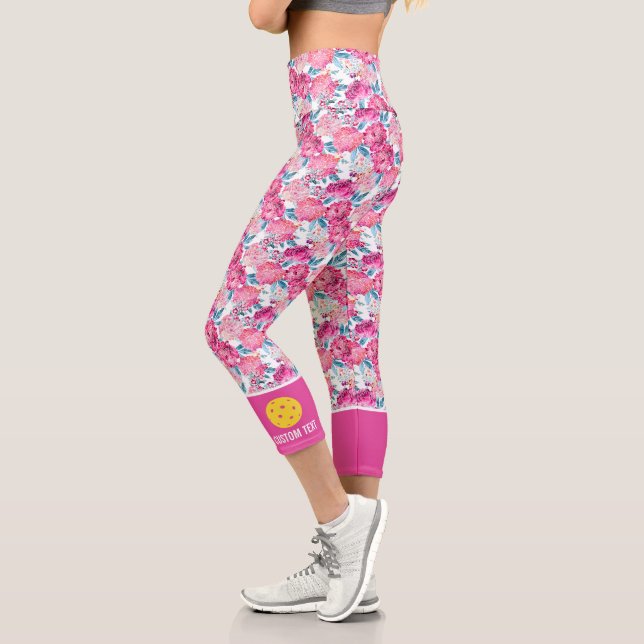 Pickleball Print, Pink Floral Design Custom Text Capri Leggings (Left)