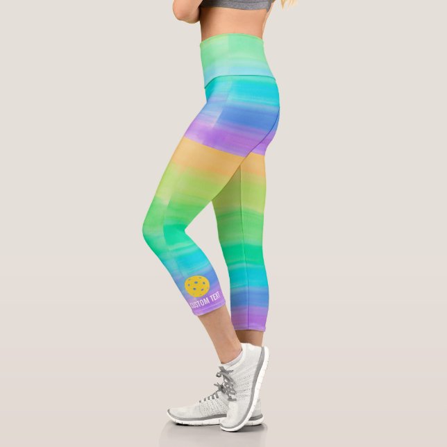 Pickleball Print Rainbow Watercolor Custom Text Capri Leggings (Left)