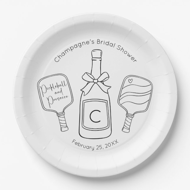 Pickleball & Prosecco Modern Bridal Shower Paper Plate (Front)