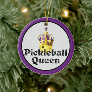 Pickleball Queen, Yellow Ball Purple, Gold Crown Ceramic Ornament