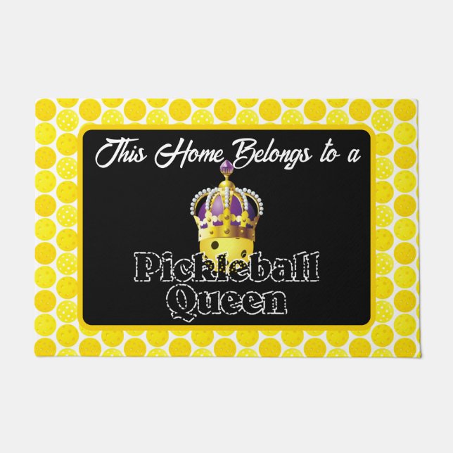 Pickleball Queen - Yellow Pickleball Wearing Crown Doormat (Front)