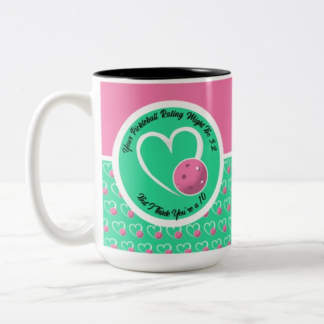 Pickleball Rating Valentine Heart Pink Turquoise Two-Tone Coffee Mug (Left)