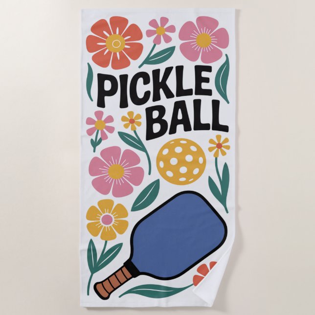 Pickleball Retro Floral Paddle Beach Towel (Front)