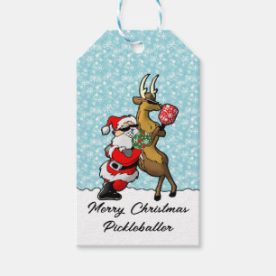 Pickleball Santa and Reindeer Sleighing It Gift Tags