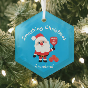 Pickleball🎅 Santa blue Glass Ornament