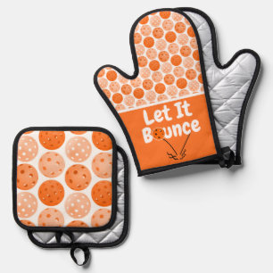 Pickleball Serve Let It Bounce Orange Personalised Oven Mitt & Pot Holder Set