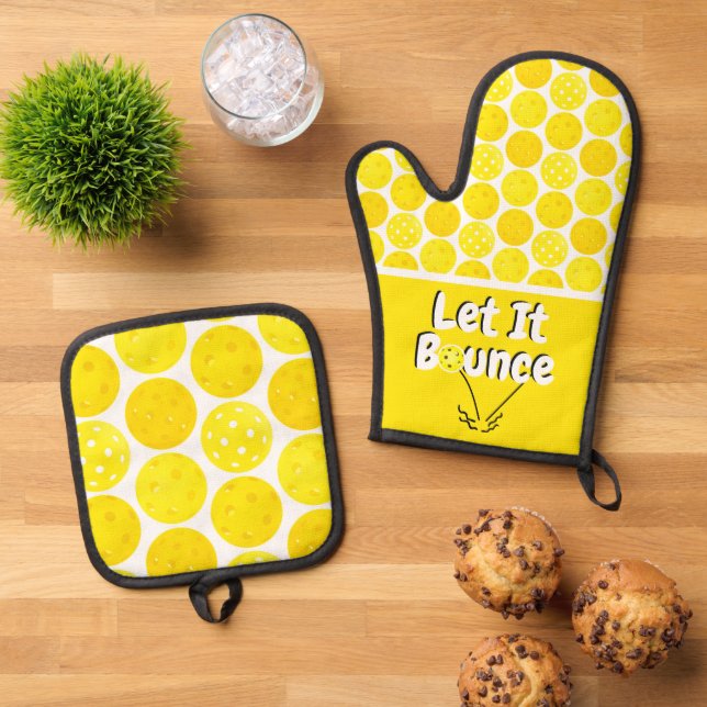 Pickleball Serve Let It Bounce Yellow Personalised Oven Mitt & Pot Holder Set (Top Down)