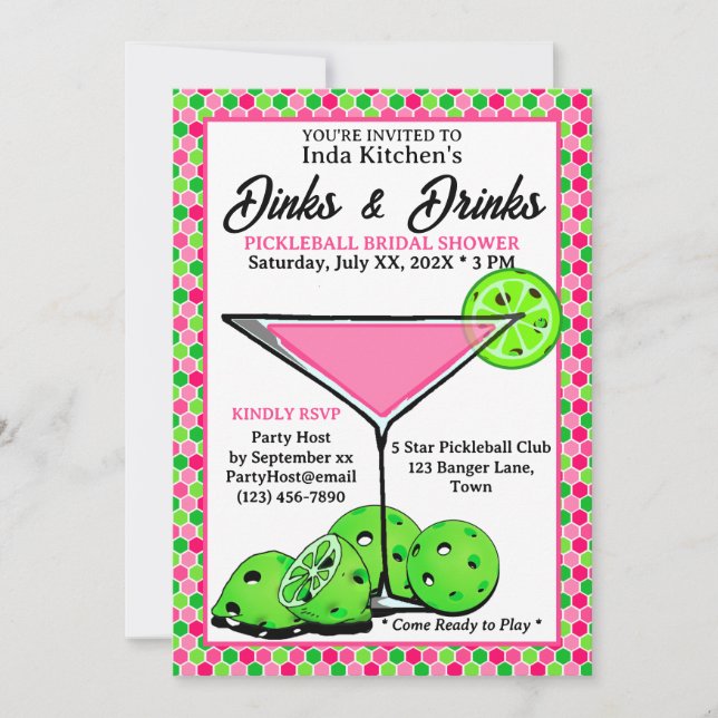 Pickleball Shower Dinks & Drinks Pink Honeycomb Invitation (Front)