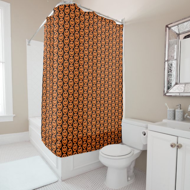 Pickleball Skeleton Jack-o'-Lantern Halloween Shower Curtain (In Situ)