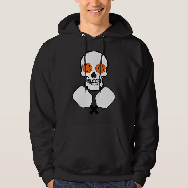 Pickleball Skull and Crossed Paddles, Orange Balls Hoodie (Front)