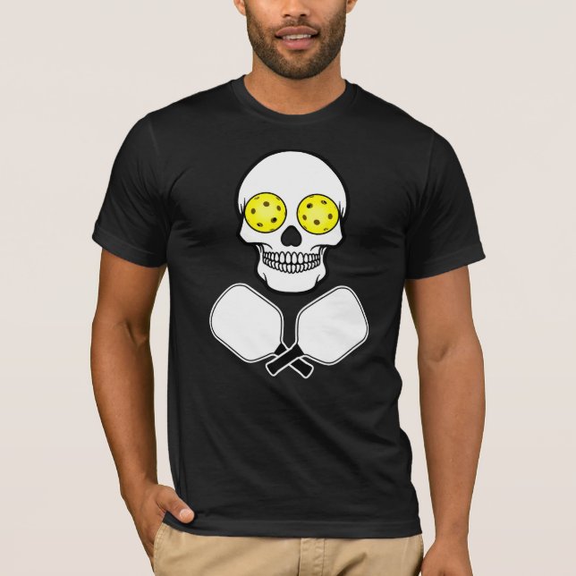 Pickleball Skull and Crossed Paddles, Yellow Balls T-Shirt (Front)