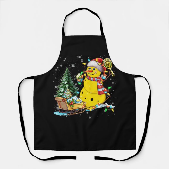 Pickleball Snowman Santa Hat Lights Christmas Pick Apron (Front)