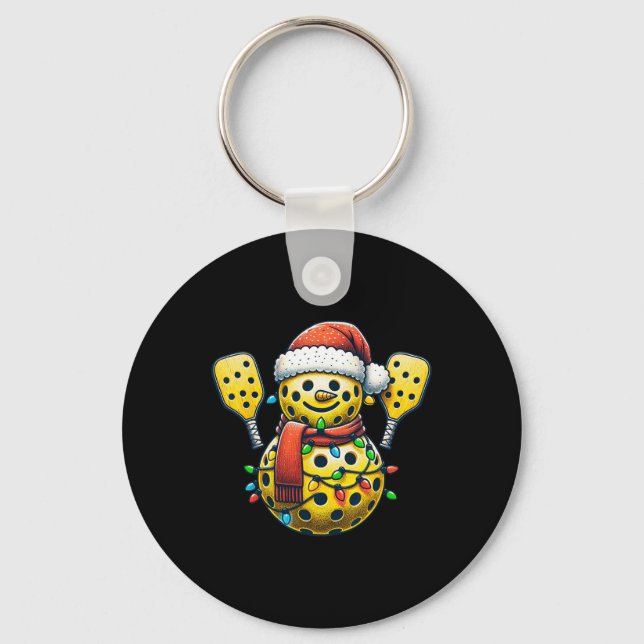 Pickleball Snowman Santa Hat Lights Christmas Pick Key Ring (Front)