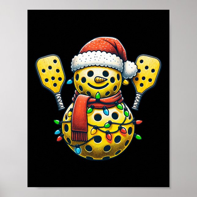 Pickleball Snowman Santa Hat Lights Christmas Pick Poster (Front)