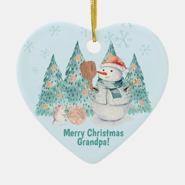 Pickleball Snowmen, minty Christmas for Grandad Ceramic Ornament (Front)