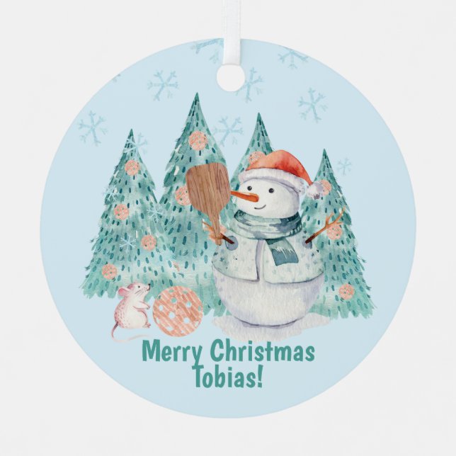Pickleball Snowmen, minty Christmas Metal Tree Decoration (Front)