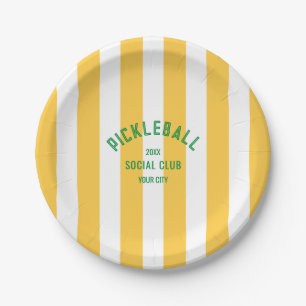 Pickleball Social Club Crest Yellow Cabana Stripe Paper Plate