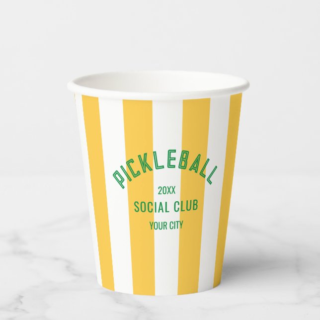 Pickleball Social Club Yellow Cabana Stripe Party Paper Cups (Front)