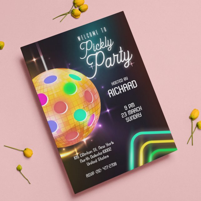 Pickleball Sports Neon Theme Disco ball Party Invitation (Creator Uploaded)