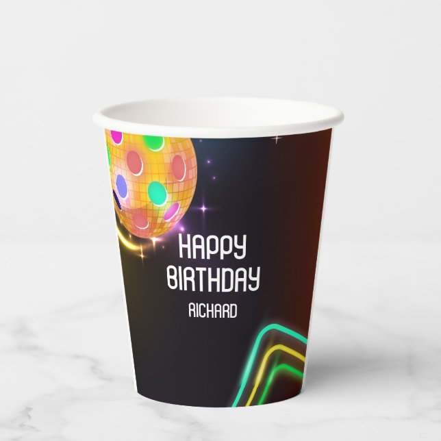 Pickleball Sports Neon Theme Disco ball Party Paper Cups (Front)