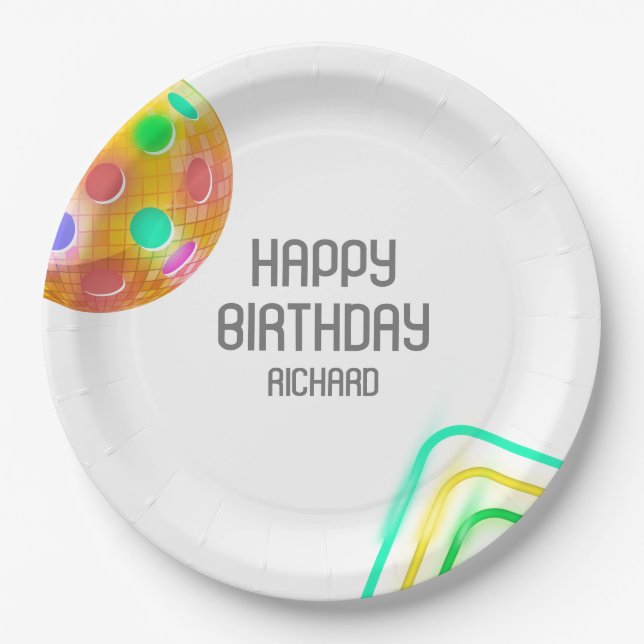 Pickleball Sports Neon Theme Disco ball Party Paper Plate (Front)