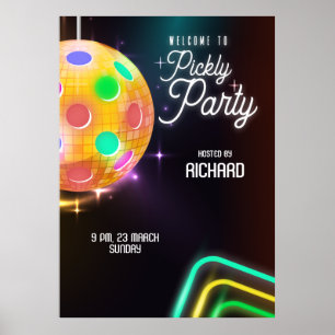 Pickleball Sports Neon Theme Disco ball Party Poster