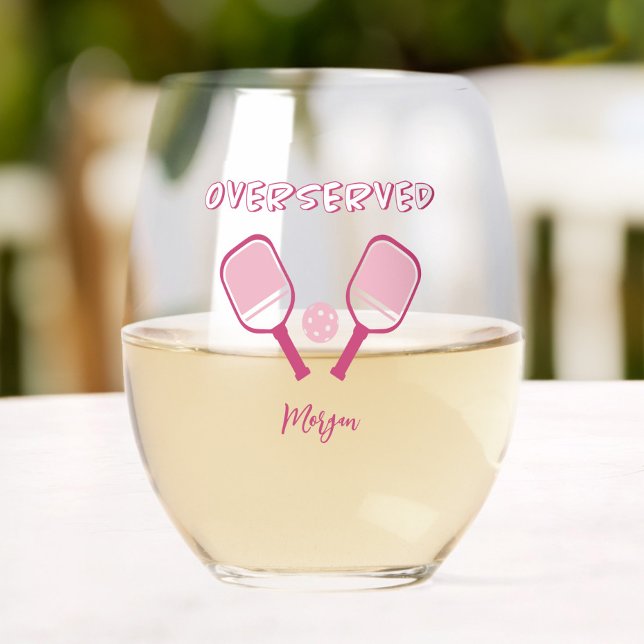 Pickleball Sports Pun Custom Name Girly Pink Fun  Stemless Wine Glass (Creator Uploaded)