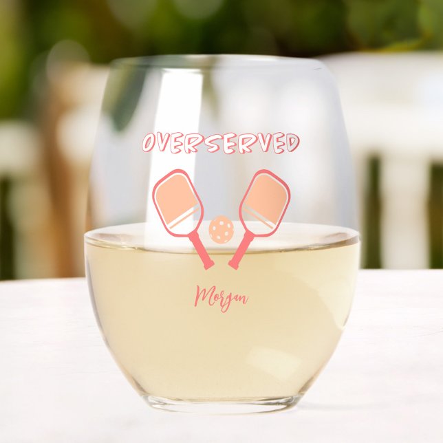 Pickleball Sports Pun Custom Name Peach Orange  Stemless Wine Glass (Pickleball Sports Pun Custom Name Peach Orange Stemless Wine Glass)