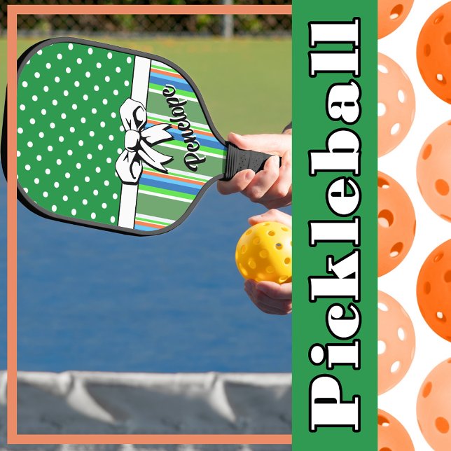 Pickleball Summer Stripes Green Dots White Bow Paddle (Pickleball Summer Stripes Green Dots White Bow Pickleball Paddle)