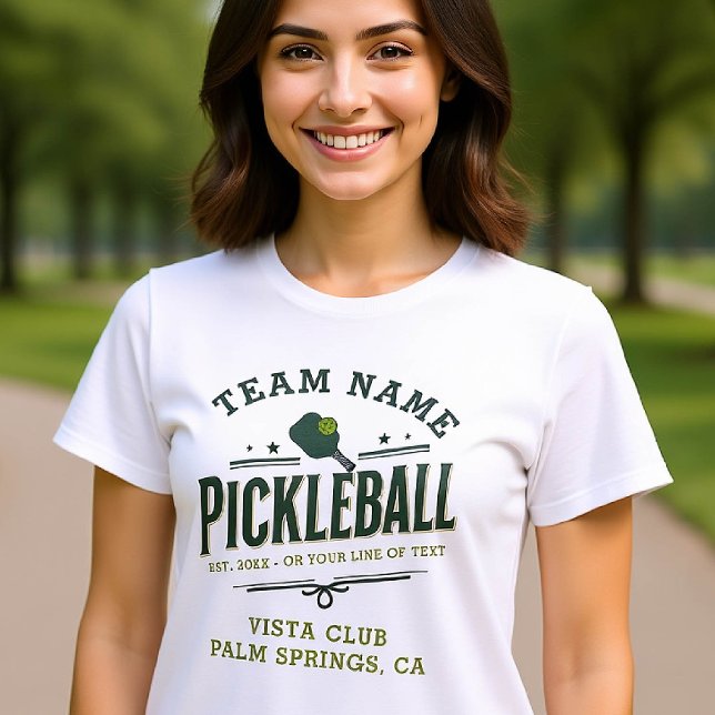 Pickleball Team Club Player Custom Text Green T-Shirt (pickleball personalized shirt emblem club team player vintage custom text name green lime retro)