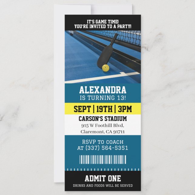 Pickleball Ticket Birthday Invitation (Front)