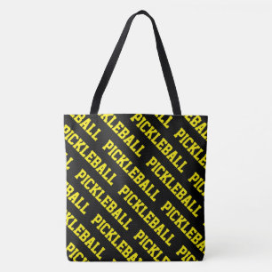 PICKLEBALL Tiled Bright Yellow Slant Text On Black Tote Bag