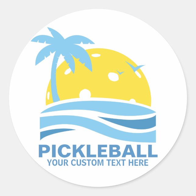 Pickleball Tropical Palm Tree Sun Your Custom Text Classic Round Sticker (Front)