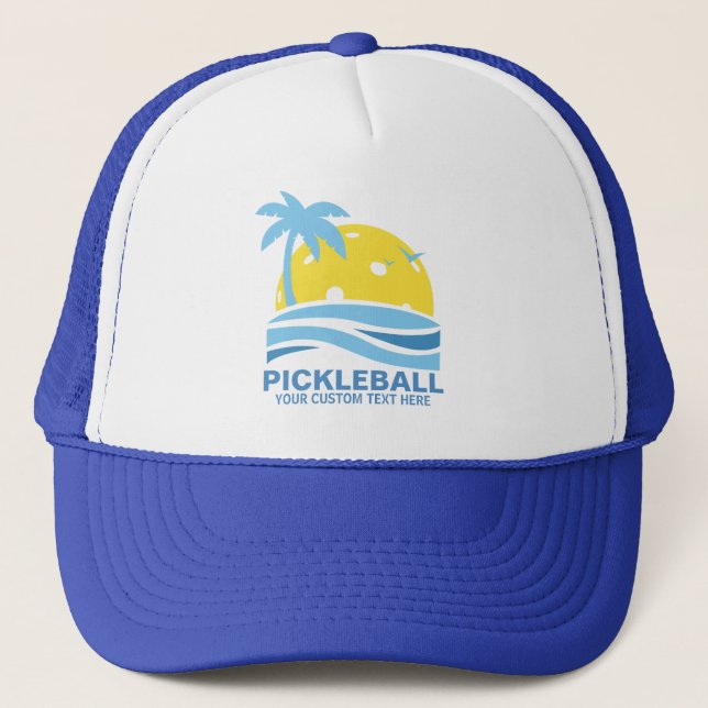 Pickleball Tropical Palm Tree Sun Your Custom Text Trucker Hat (Front)