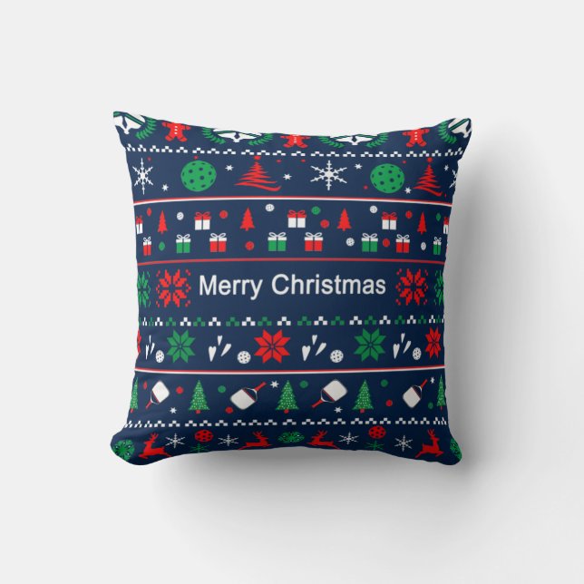 😄 Pickleball🎄 Ugly Christmas Sweater style blue Cushion (Front)