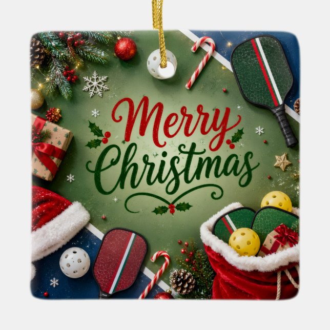 Pickleball with Christmas Frame Ceramic Ornament (Front)