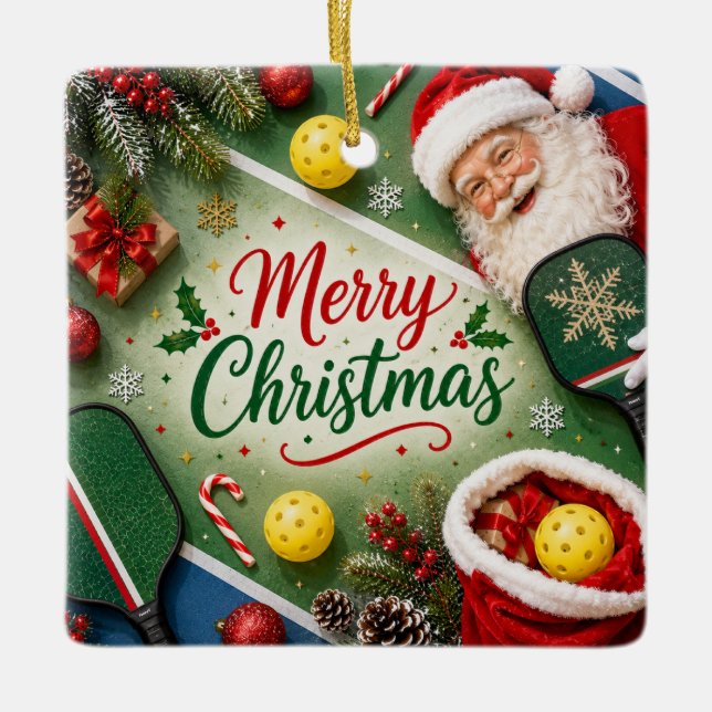 Pickleball with Christmas Frame Ceramic Ornament (Front)