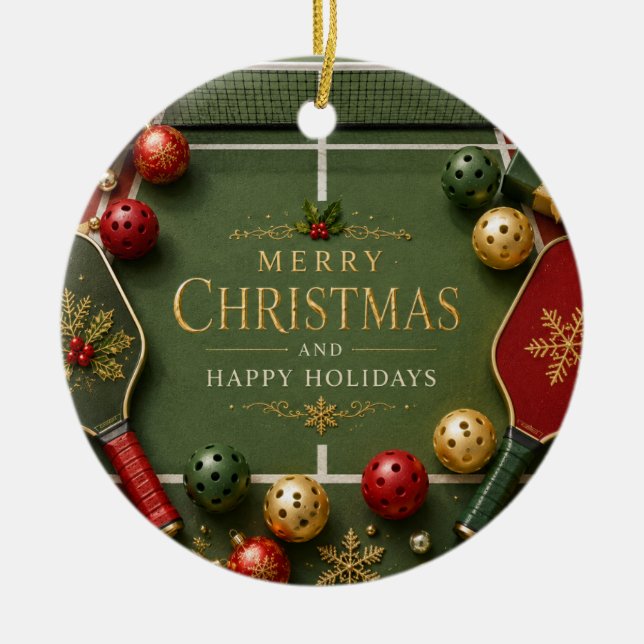 Pickleball with Christmas Frame Ceramic Ornament (Front)