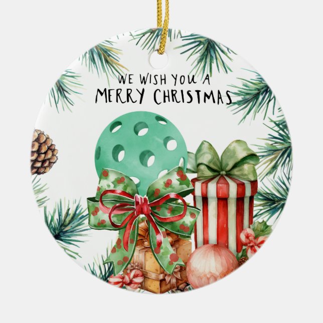 Pickleball with Christmas Frame Ceramic Ornament (Front)