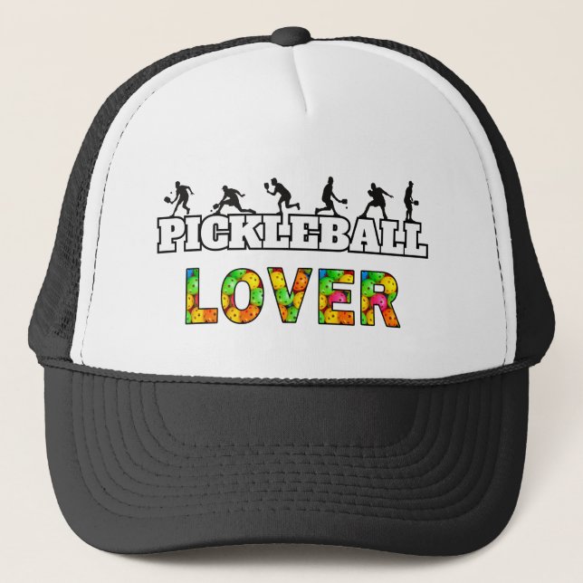 Pickleball Word Male Silhouettes Lover Ball Trucker Hat (Front)