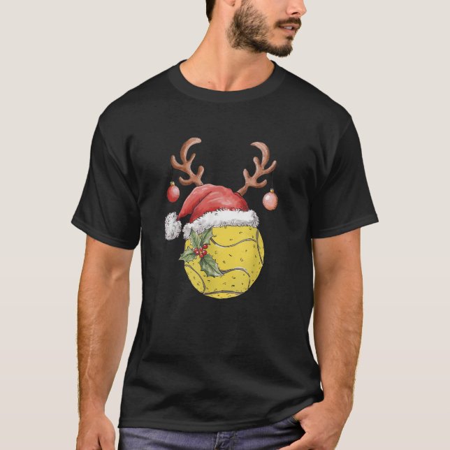 Pickleball Xmas Lighting Reindeer Santa Pickleball T-Shirt (Front)