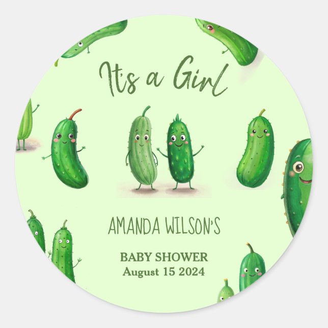 Pickles Cucumber Green Whimsical Baby Shower Classic Round Sticker (Front)