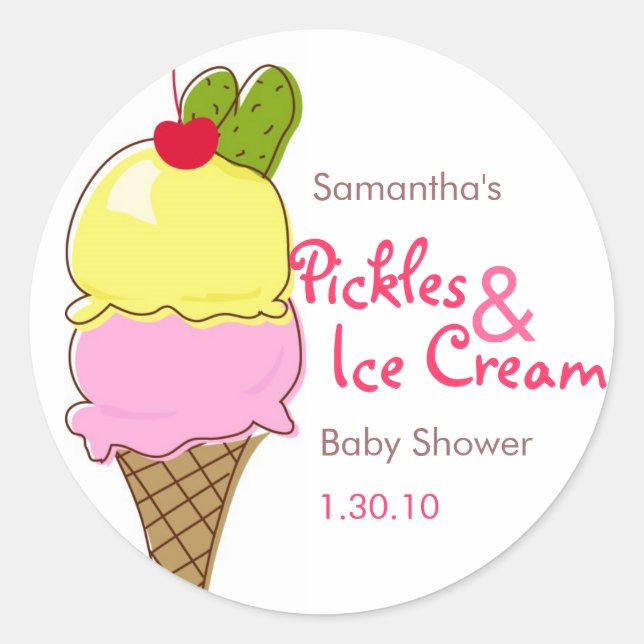 Pickles & Ice Cream, Girl Baby Shower Classic Round Sticker (Front)