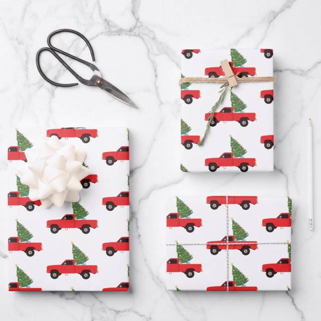 Pickup Truck Christmas Tree Wrapping Paper Sheet (Front)
