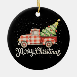Pickup Truck Red Buffalo Plaid Merry Christmas Ceramic Ornament
