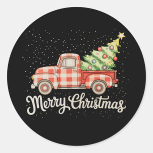 Pickup Truck Red Buffalo Plaid Merry Christmas Classic Round Sticker